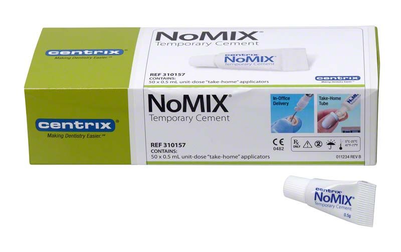 Einzeldosis-Kit NoMIX® Temporary Cement mit Verpackung und Applikator.