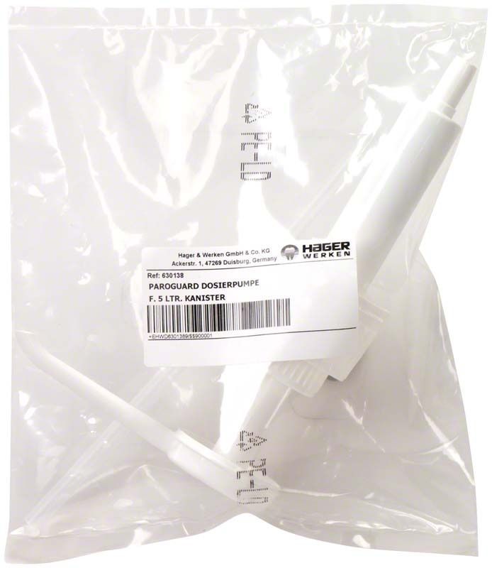 Paroguard® Dosierpumpe in transparenter Verpackung mit Etikett.