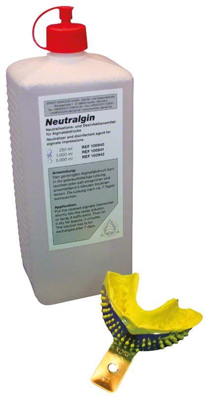 Neutralgin 1000ml Flasche mit Applikationsaufsatz neben Alginateinsatz.