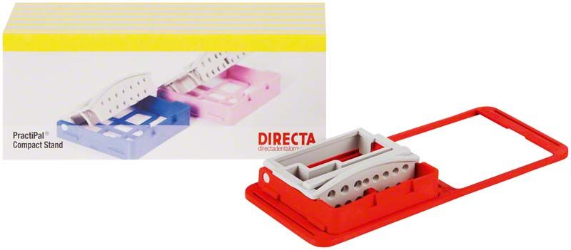 Roter PractiPal® Compact Bohrerständer mit Verpackung im Hintergrund.