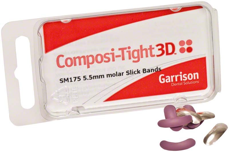 Composi-Tight 3D Slick Bands in lila mit Verpackung von Garrison Dental Solutions.