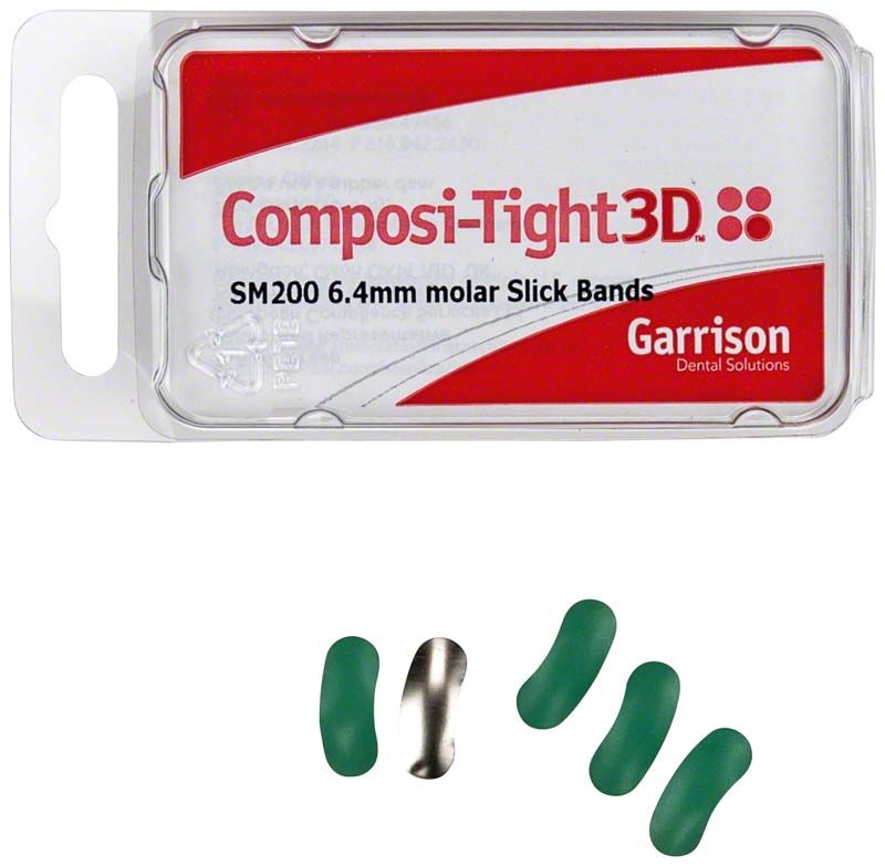 Composi-Tight Slick Bands für Molare mit grünen Matrizenbändern in Verpackung.