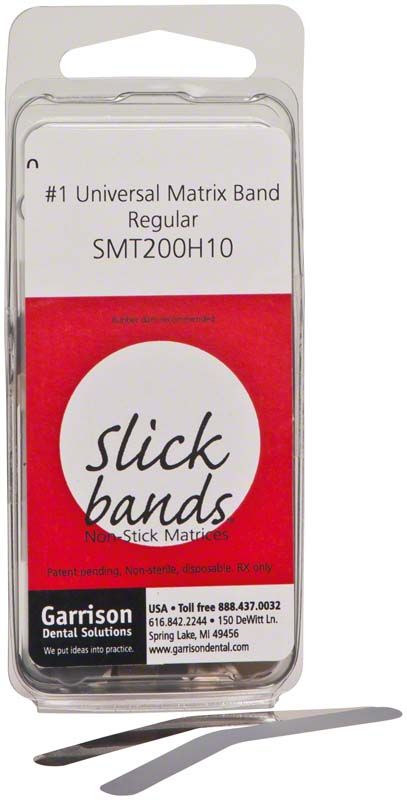 Composi-Tight Matrizenbänder Verpackung mit rotem Etikett und grauen Bändern.