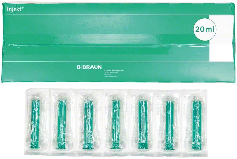 Injekt Solo Luer-Lock 20ml Einmalspritzen in grüner Verpackung.