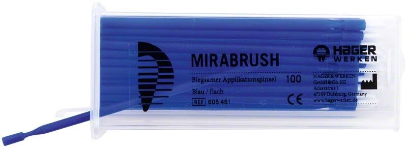 Blaue Mirabrush Applikationspinsel in transparenter Kunststoffbox.
