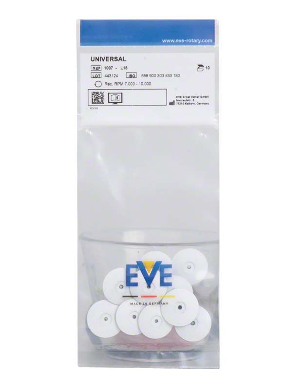 Verpackung mit 10 weißen EVE UNIVERSAL Schleifscheiben, unmontiert.
