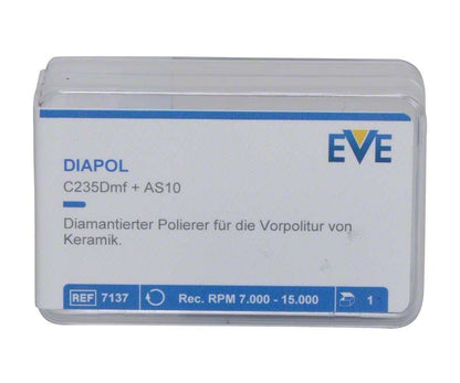 Diamantierter Polierer EVE DIAPOL® in Verpackung mit Produktinformationen.