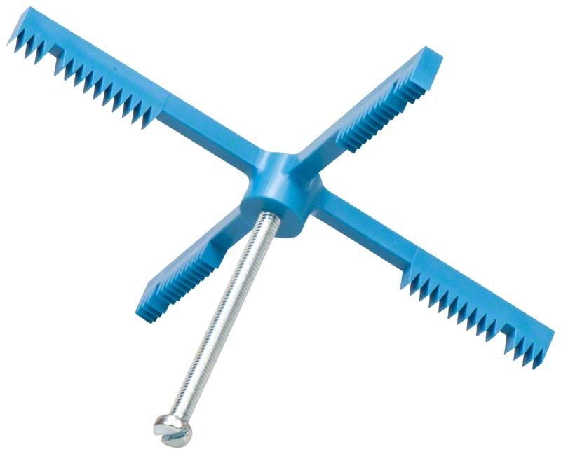 Blaues Dublierkreuz mit gezahnten Armen und Metallstange.