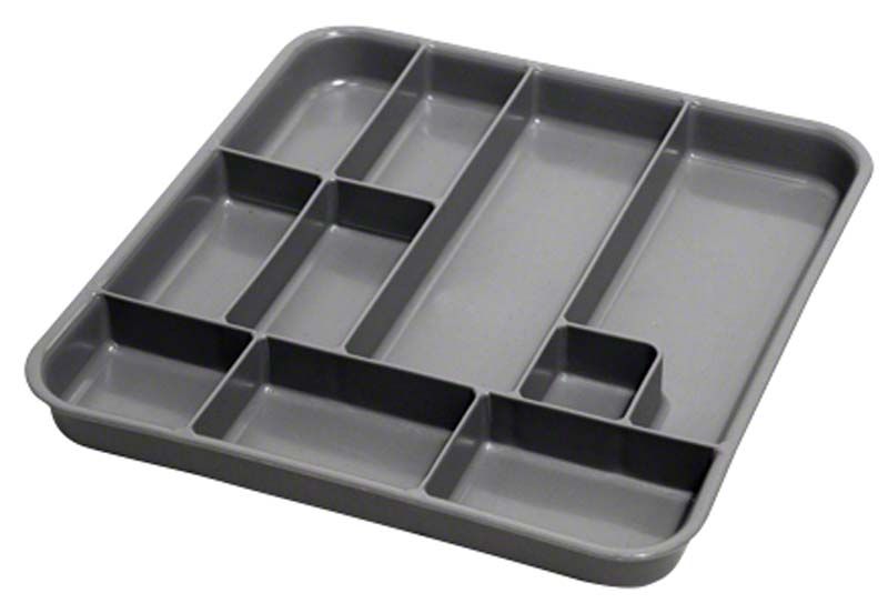 Einsatz für Kunststoffschalen mit mehreren Fächern in grauer Farbe.
