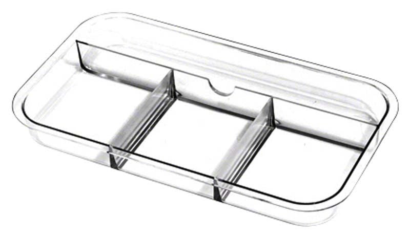 Transparente Schiebeschale mit Unterteilung und drei Fächern.