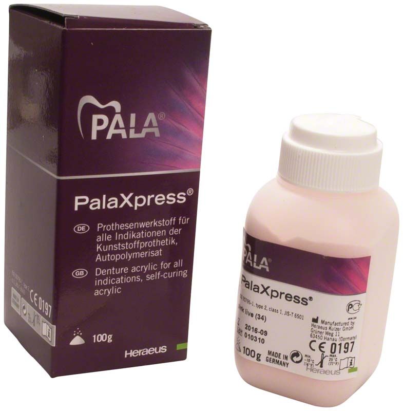 PalaXpress® Pulver 100g in rosa, Verpackung und Flasche sichtbar.