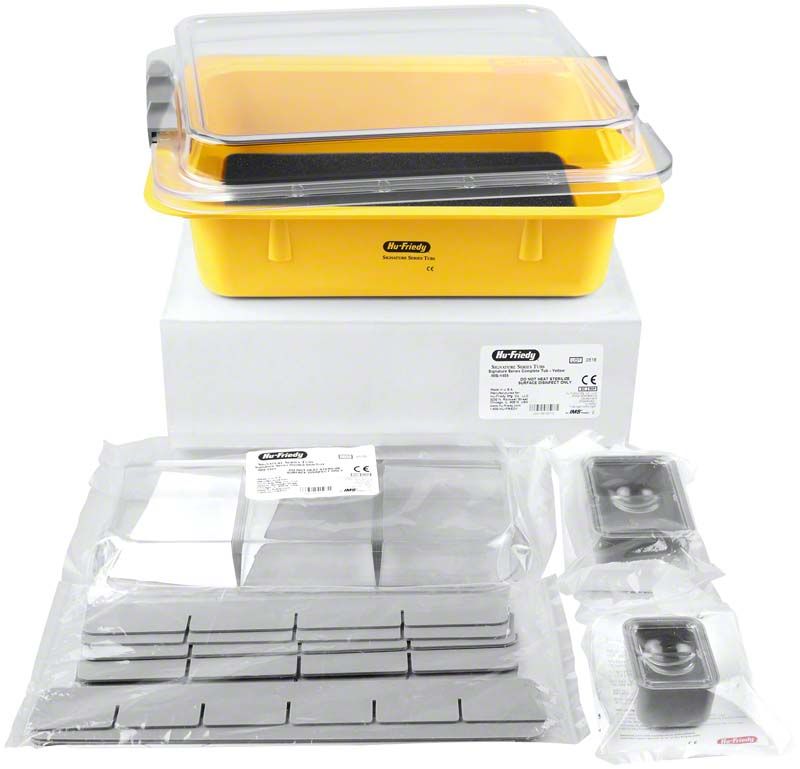 Gelbe SIGNATURE SERIES Tub komplett mit transparentem Deckel und Zubehör.