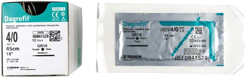 Dagrofil® 4/0 GR19 Nahtmaterial-Verpackung mit Produktkennzeichnung und Details.