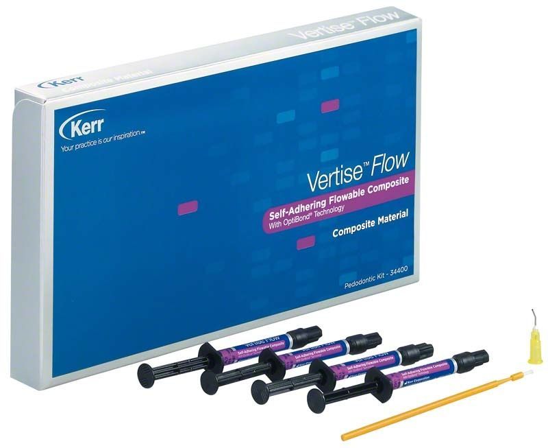Vertise Flow Pedodontic Kit mit drei Spritzen und Applikationsnadeln.