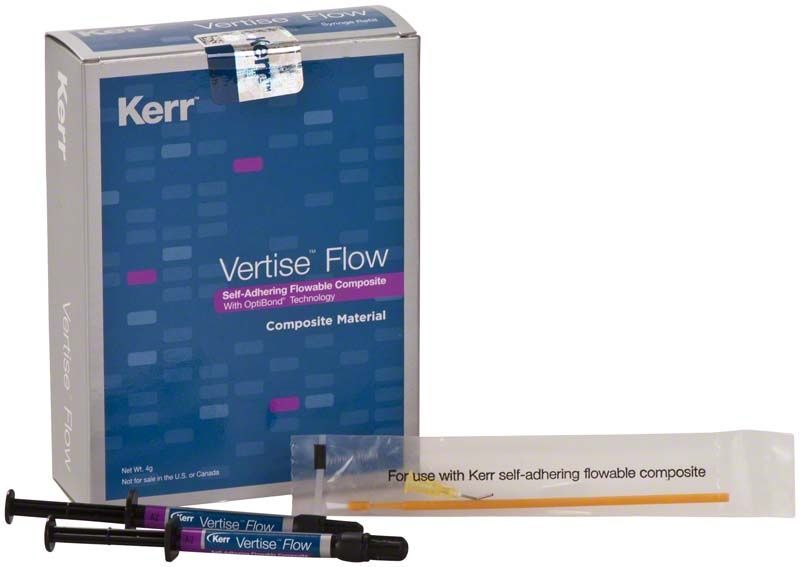 Vertise™ Flow Spritze A2 und Verpackung von Kerr mit Produktdetails.