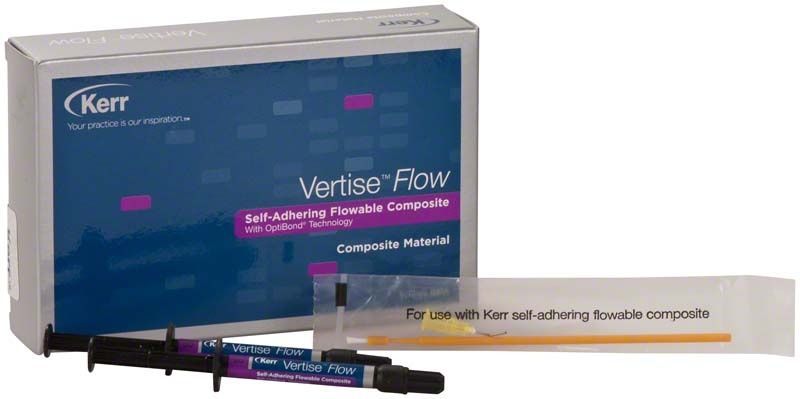 Vertise Flow Spritze und Verpackung mit Kerr-Logo und Produktbeschreibung.