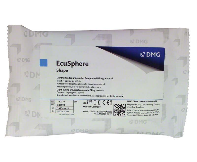 Lichthärtendes Composit-Füllungsmaterial EcuSphere Shape Spritze in Verpackung.