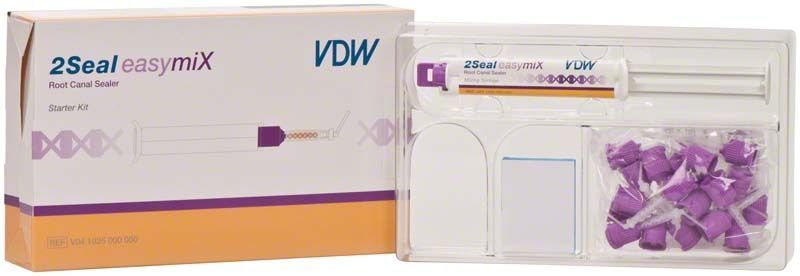 2seal easymiX® Starter Set mit Doppelkammerspritze und Intraoral-Spitzen.