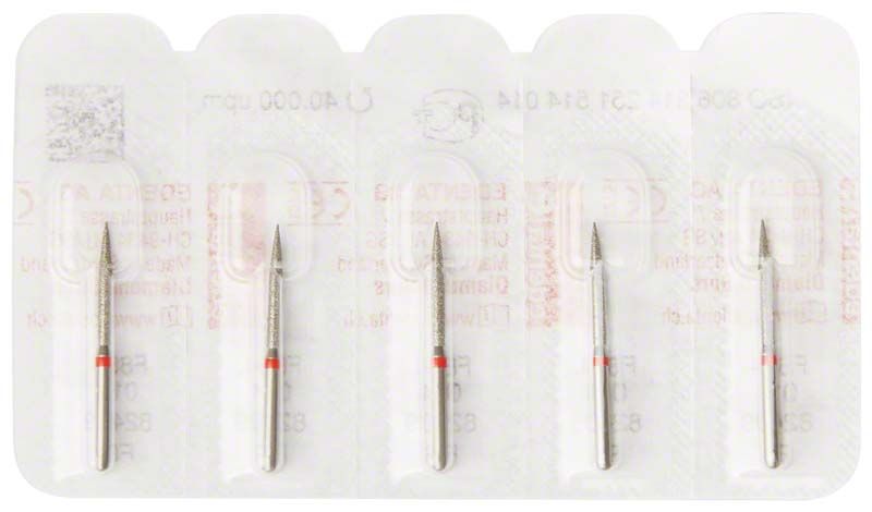 Diamantenschleifer FG 864F 014 in Verpackung für Dentalmedizin, rote Markierung.