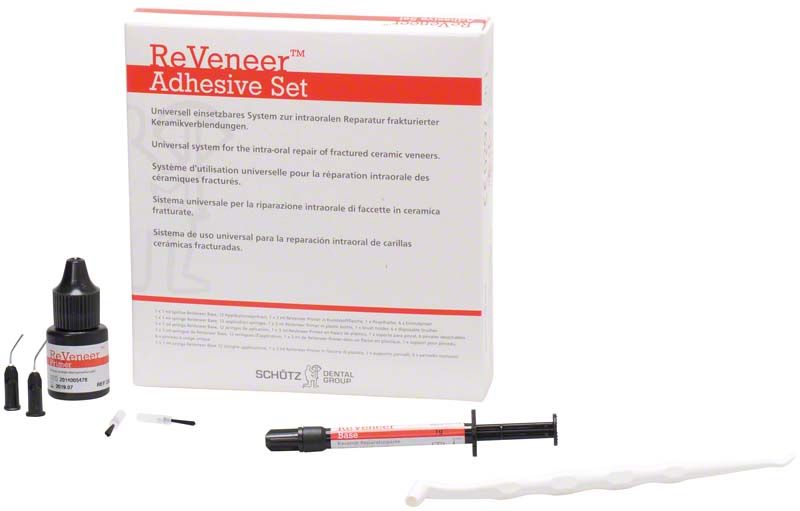 Reveneer Adhesive Set mit Spritze, Flasche und Verpackung von Schütz Dental.