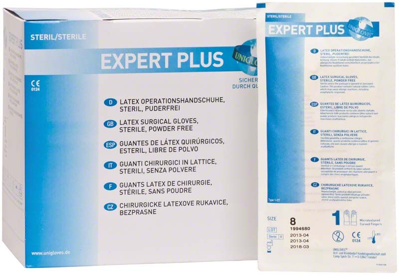 Latex OP-Handschuhe EXPERT PLUS® Gr. 8 in steriler Verpackung.