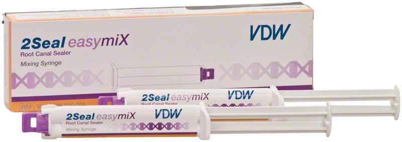 2Seal easymiX® Nachfüllpackung mit Doppelkammerspritze und Intraoral-Spitze.