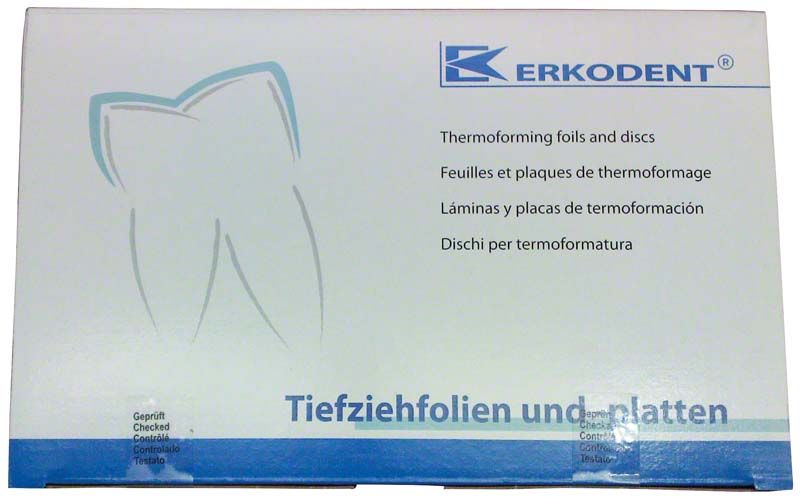 Verpackung der Erkodont Tiefziehfolien und -platten mit mehrsprachiger Beschriftung.