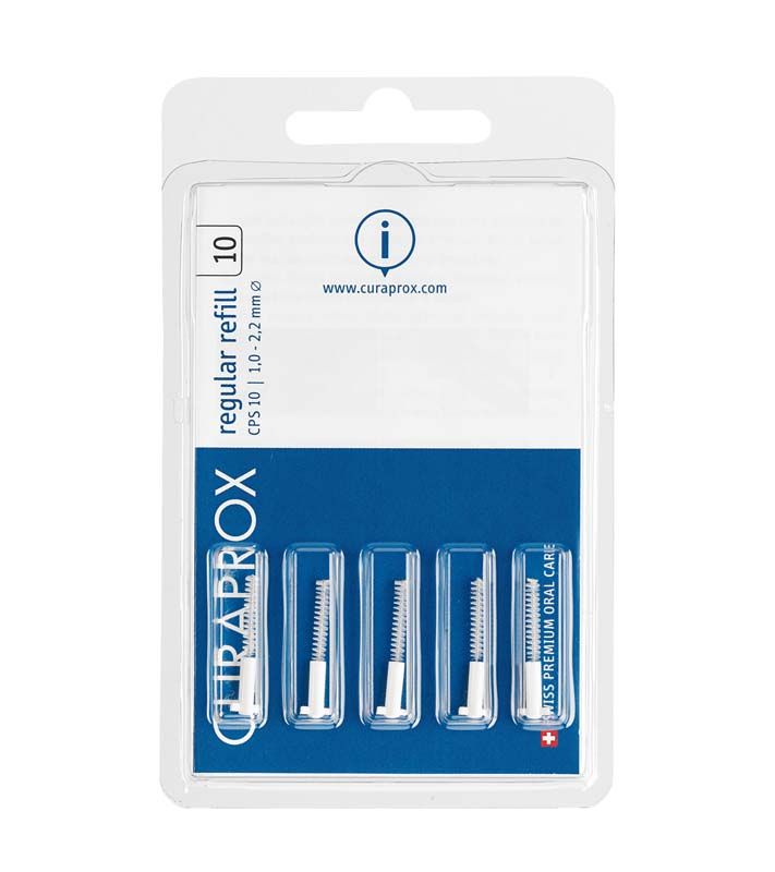 Verpackung von CURAPROX CPS regular Interdentalbürsten mit Nachfüllbürsten in weißem Kunststoffhalter.