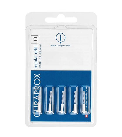 Verpackung von CURAPROX CPS regular Interdentalbürsten mit Nachfüllbürsten in weißem Kunststoffhalter.