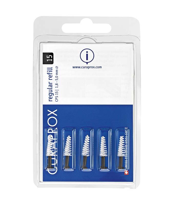Verpackung mit fünf CURAPROX CPS regular schwarz konisch Interdentalbürsten.