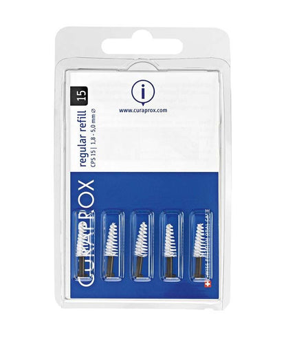 Verpackung mit fünf CURAPROX CPS regular schwarz konisch Interdentalbürsten.
