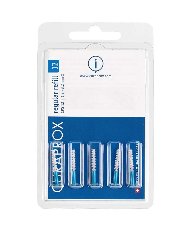 Verpackung mit 12 blauen CURAPROX CPS regular Interdentalbürsten-Nachfüllungen.