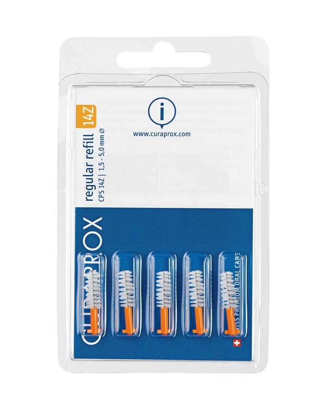 Verpackung mit vier CURAPROX CPS regular orange Interdentalbürsten-Ersatzköpfen.