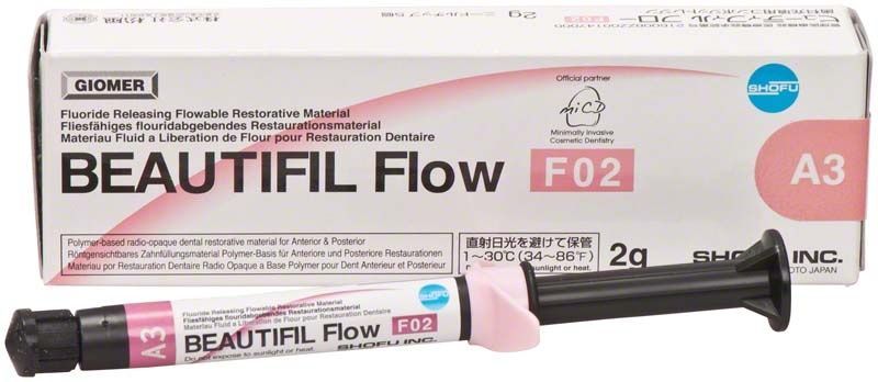 Beautifil Flow Spritze F02 A3 mit Verpackung und Produktdetails.