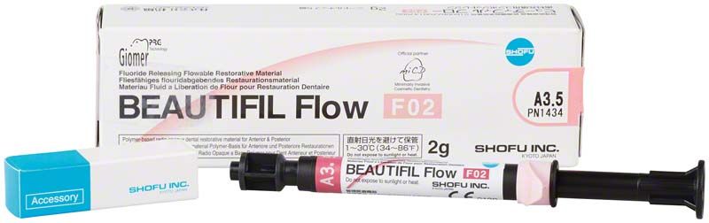 Beautifil Flow F02 A3,5 Spritze mit Verpackung und Zubehörbox.