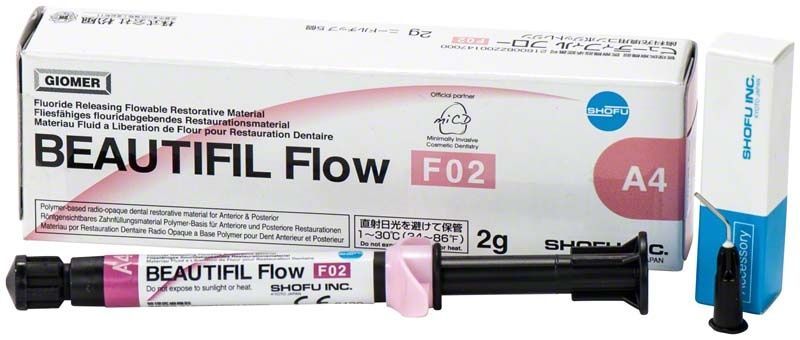 Lichthärtendes Composite Beautifil Flow F02 A4 mit Verpackung und Applikationsspritze.