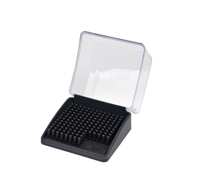 Folienablage für VistaScan Mini mit offenem transparentem Deckel und schwarzem Innenraum.