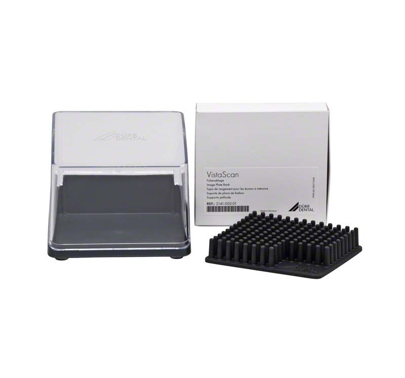 Folienablage für VistaScan Mini mit separatem schwarzem Einsatz und Verpackung.