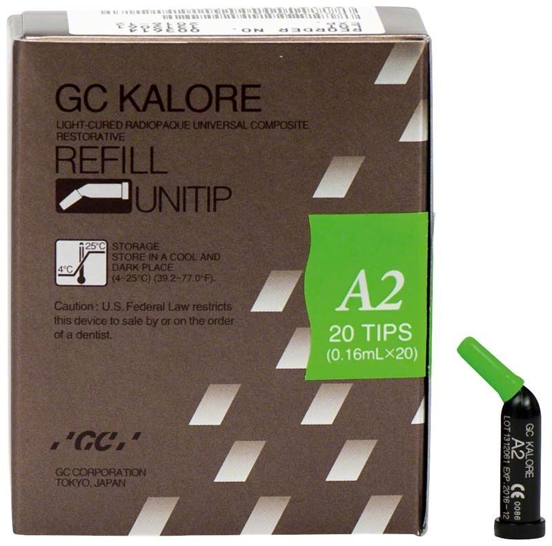 Kalore Unitips A2 Nachfüllpackung mit 20 Spitzen für Zahnrestauration.