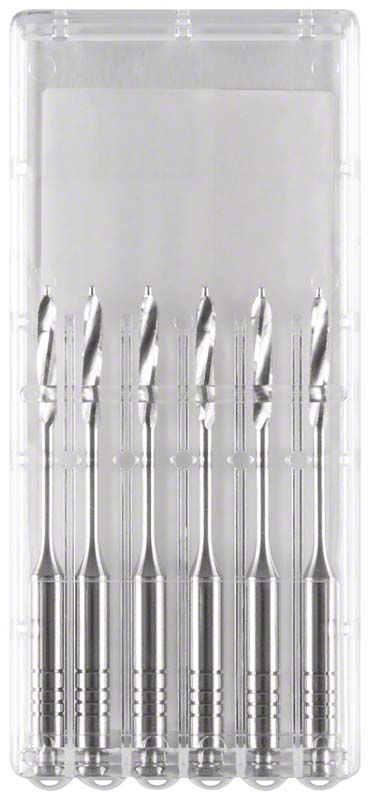 Sechsteiliges Set Peeso Wurzelkanalerweiterer in transparenter Verpackung.