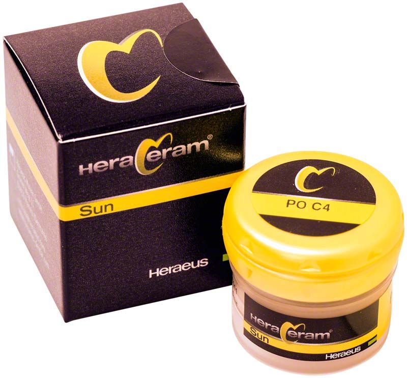 HeraCeram® Sun Pastenopaker PO C4 mit gelber Verpackung und schwarzem Etikett.