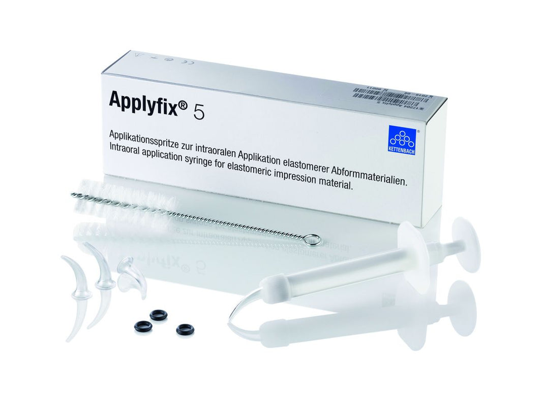 Applyfix 5 Applikationsspritze mit Ersatzkanülen und Verpackung.