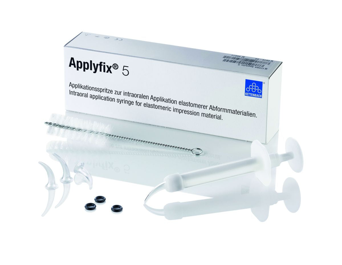 Applyfix 5 Applikationsspritze mit Ersatzkanülen und Verpackung.