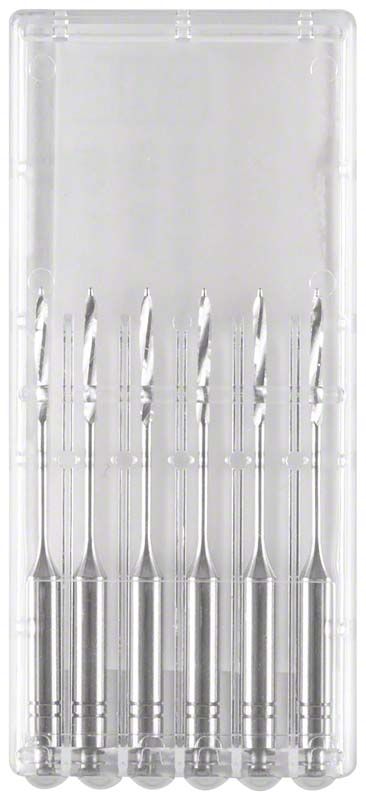 Sechsteiliges Set von Peeso Wurzelkanalerweiterern in transparenter Kunststoffbox.