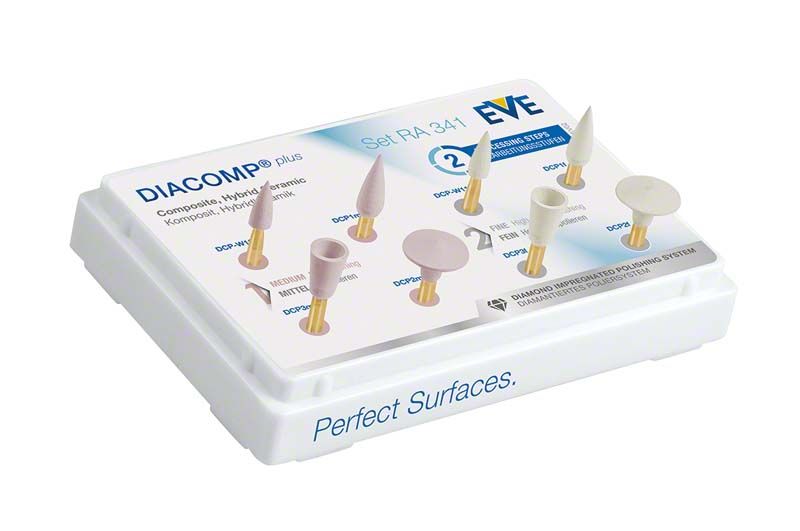 EVE DIACOMP® plus Set RA 341 mit verschiedenen Polieraufsätzen auf weißem Display.