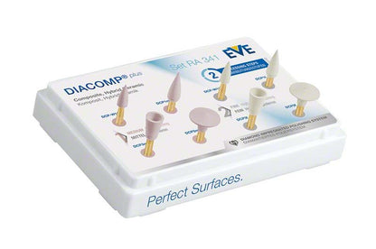 EVE DIACOMP® plus Set RA 341 mit verschiedenen Polieraufsätzen auf weißem Display.