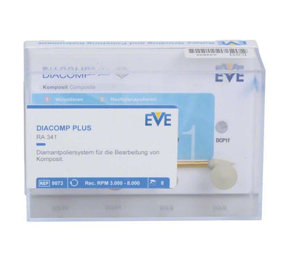 Diamantpolierersystem EVE DIACOMP® plus Set RA 341 in transparenter Verpackung.