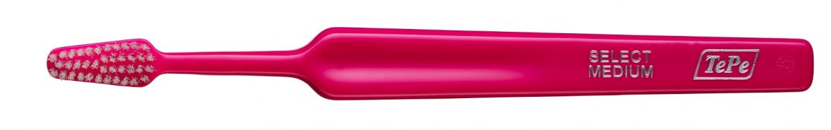 TePe Select Zahnbürste medium mit ergonomischem Griff in pinker Farbe.