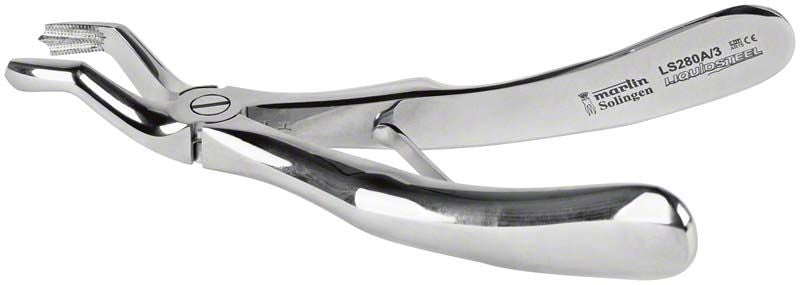 Zahnzange aus Edelstahl für obere Molaren, glänzende Oberfläche.