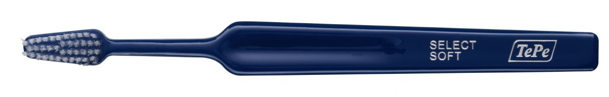 TePe Select Zahnbürste soft mit dunkelblauem Griff und schmalem Bürstenkopf.